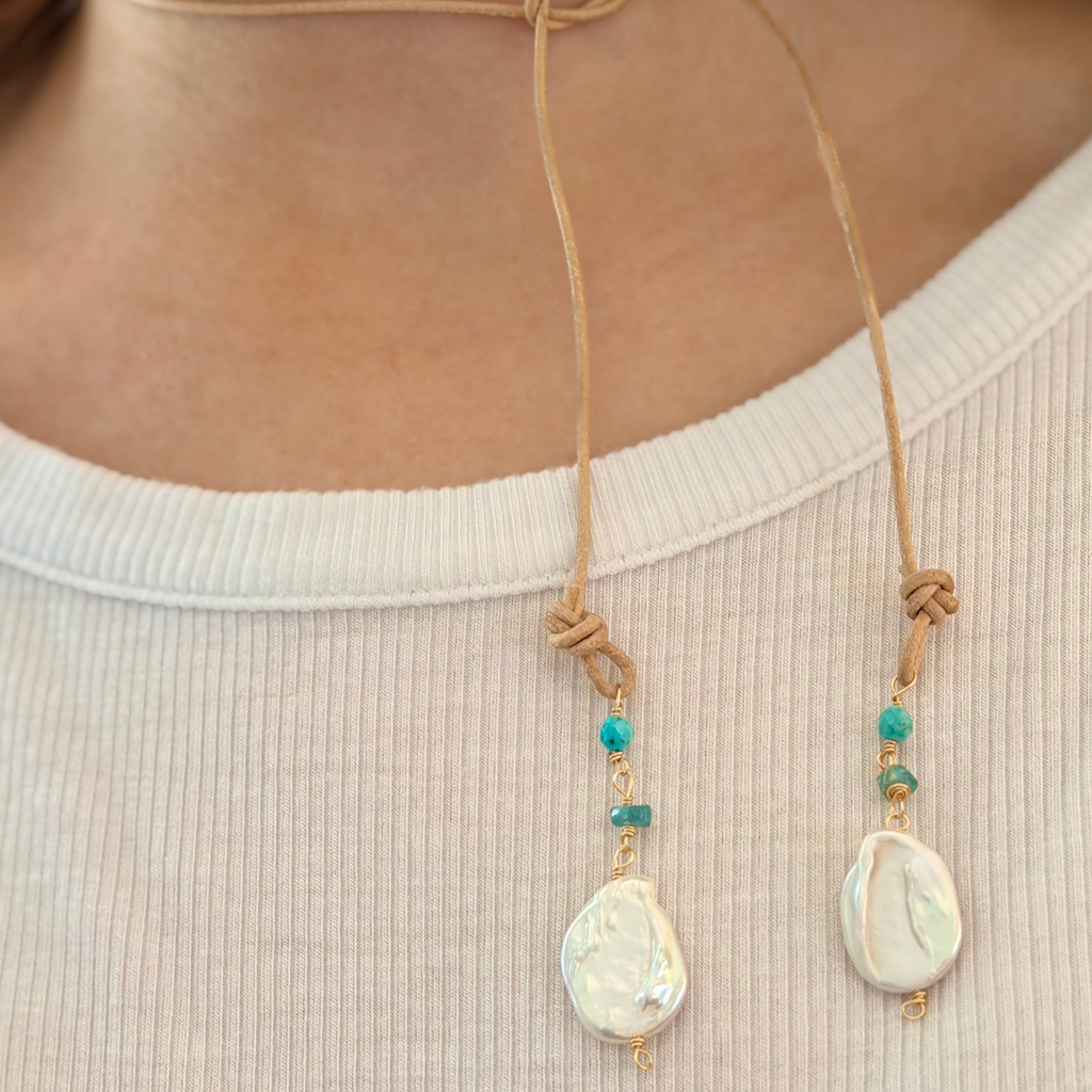Coastal Tide Pearl Leather Lariat Necklace