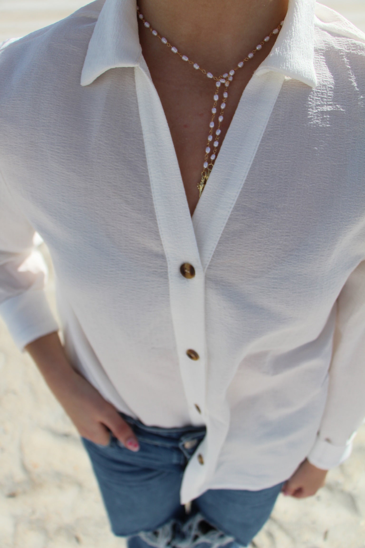 Pearl Lariat Necklace with Seashell Charms