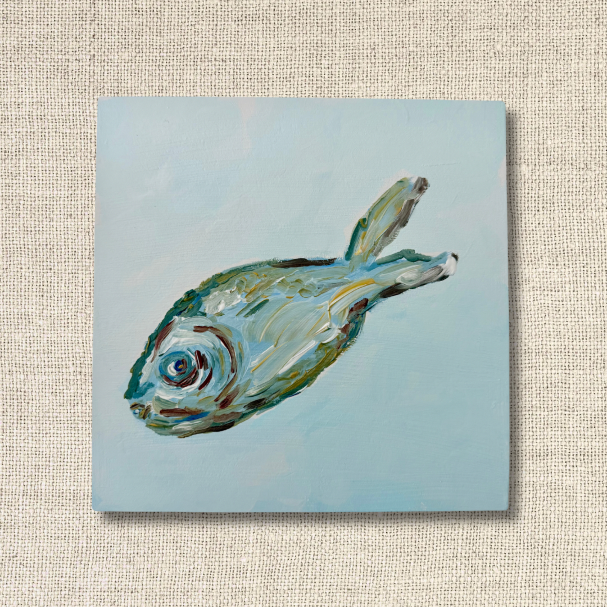 Original coastal fish acrylic painting on wood in blue, turquoise and green by Tracy Grogan