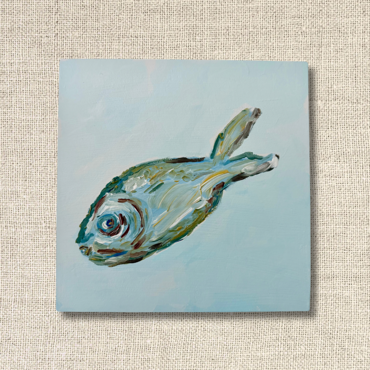Original coastal fish acrylic painting on wood in blue, turquoise and green by Tracy Grogan