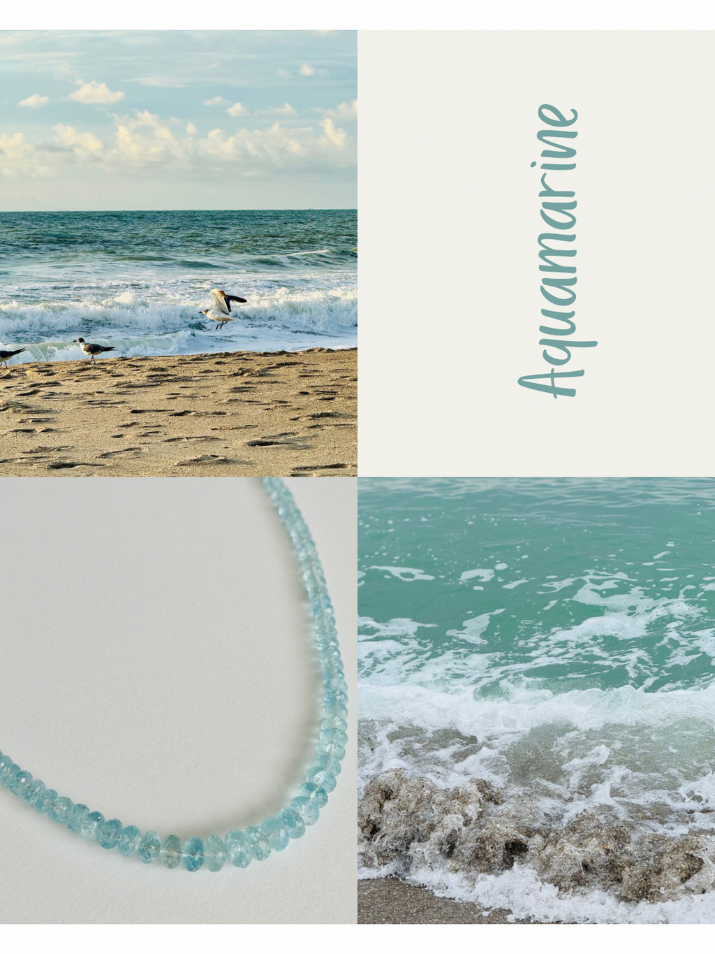 Collage of beach scenes with ocean waves and a necklace, featuring the brand 'Aquamarine'.