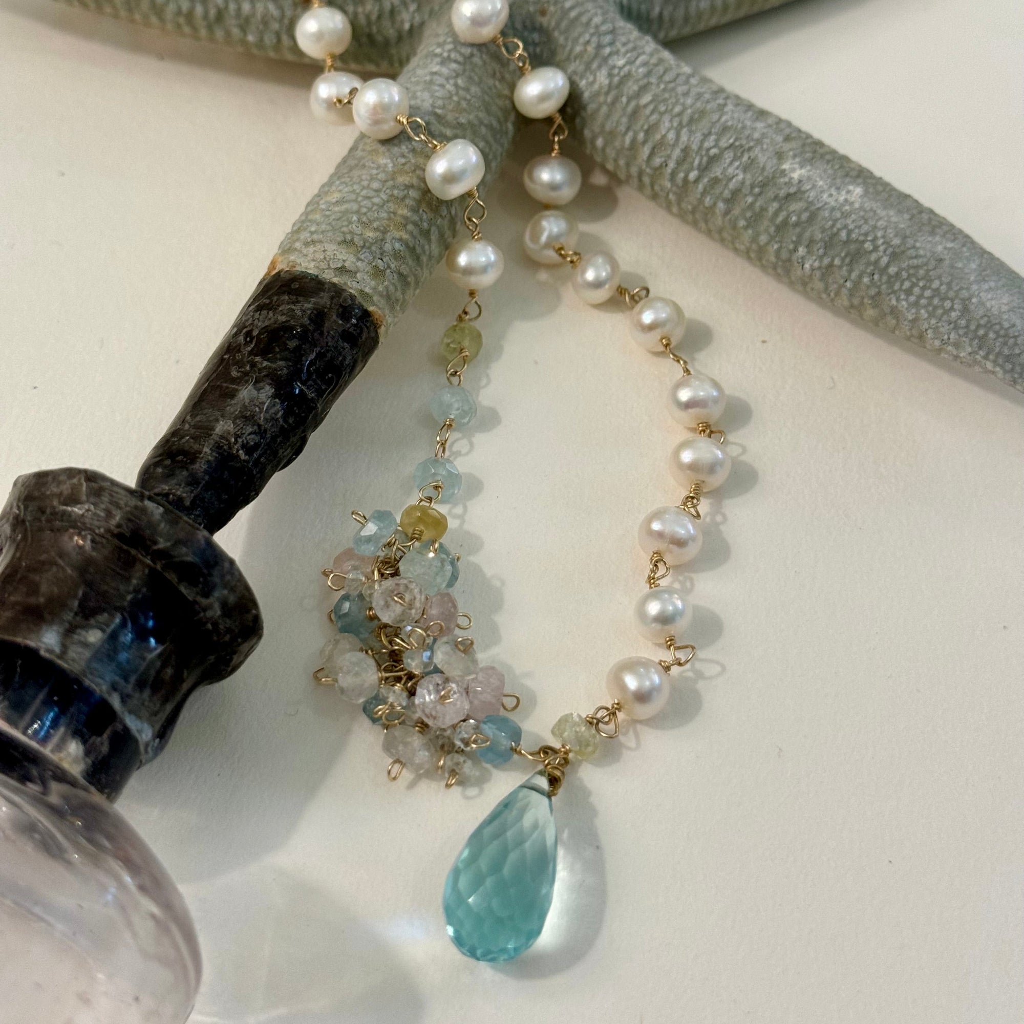 Aquamarine Briolette & Pearl Necklace