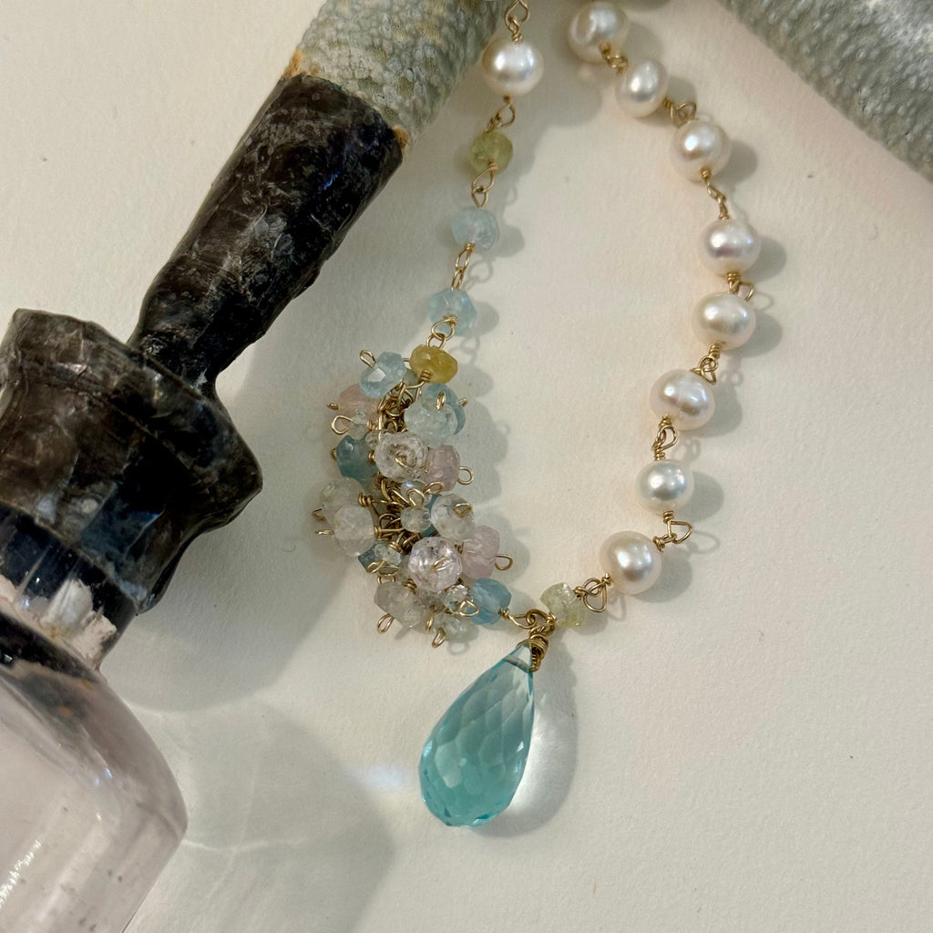 Aquamarine Briolette & Pearl Necklace