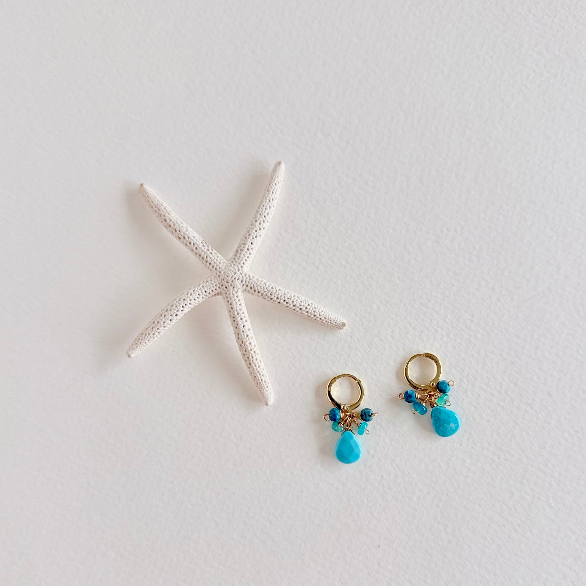 Pair of turquoise earrings with gold accents on a white surface with a starfish.