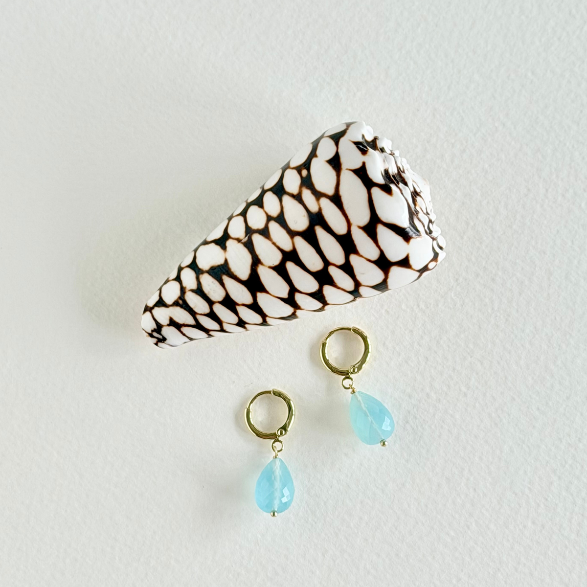 Teal teardrop earrings with gold hooks on a white background