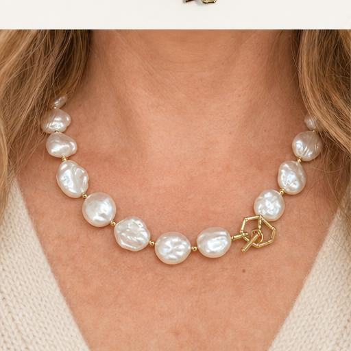 Chunky Baroque Pearl Necklace close up of necklace on model
