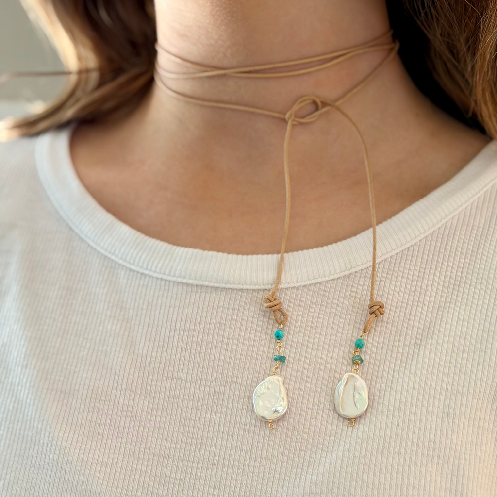 Coastal Tide Pearl Leather Lariat Necklace