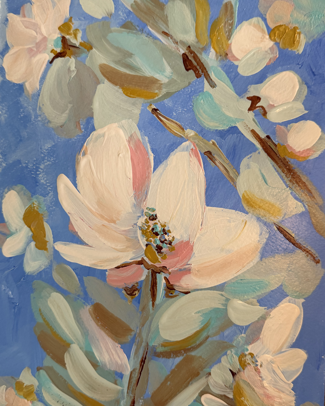Painting of pink flowers with a blue background