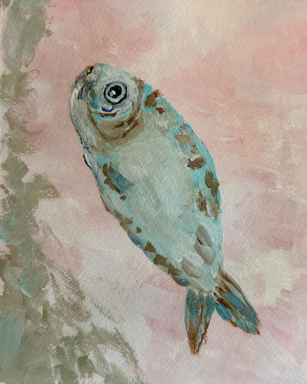 Artistic depiction of a fish on a textured pink and gray background