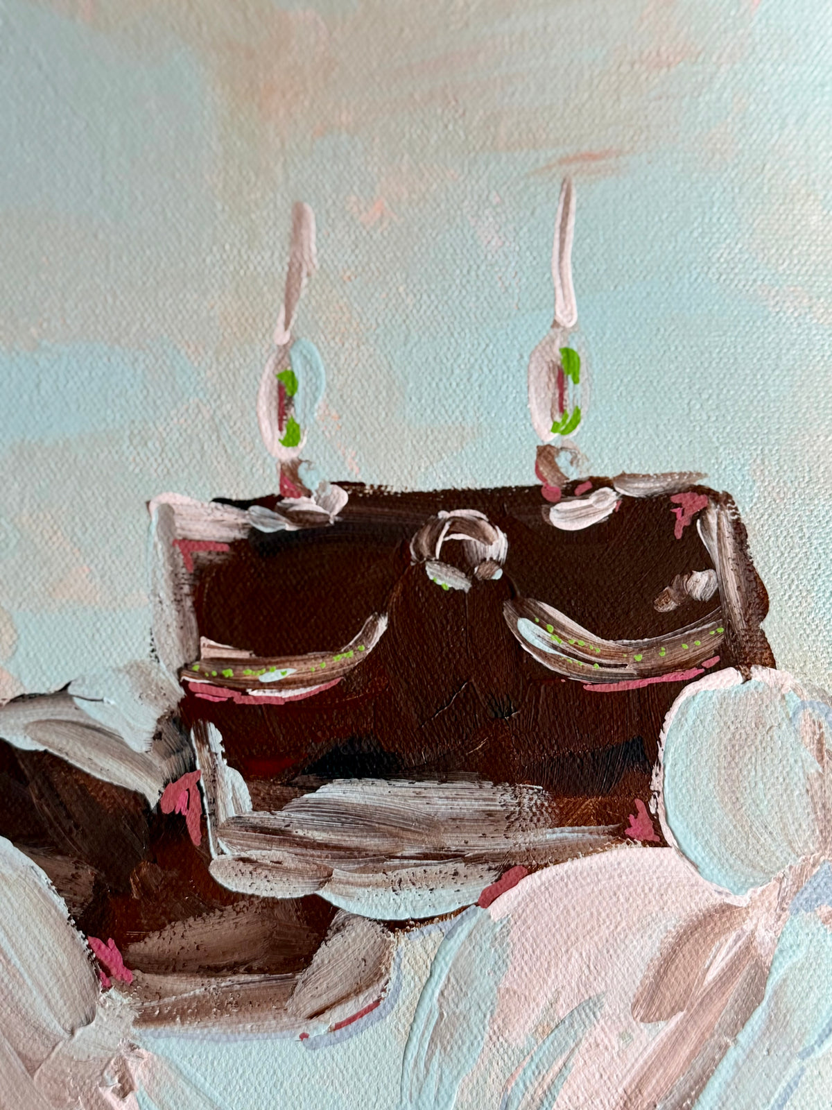 An impressionistic oil painting of a dark brown crab with two thin white hanging elements and small green accents, set against a pale blue and pink background.