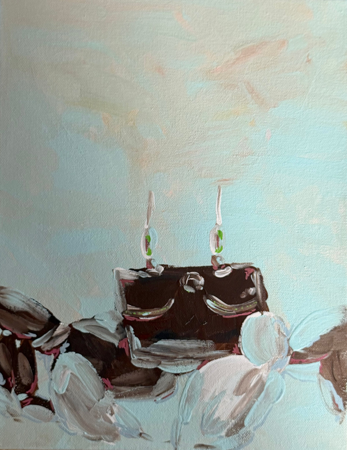 An abstract painting depicting a dark brown rectangular crab with two small white and green candle-like shapes on top, surrounded by soft white and gray brushstrokes against a pale blue background.