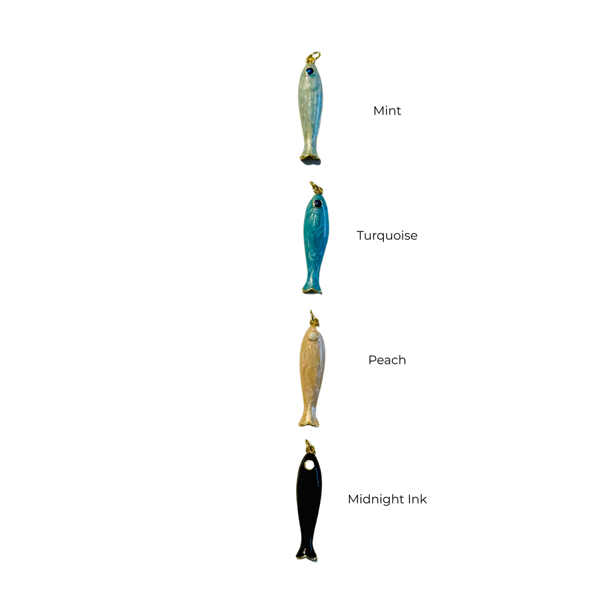 Four fishing lures in different colors with labels on a white background