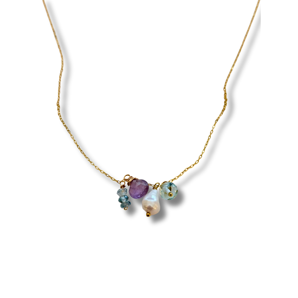 Gem cluster necklace featuring amethyst aquamarine & freshwater pearl