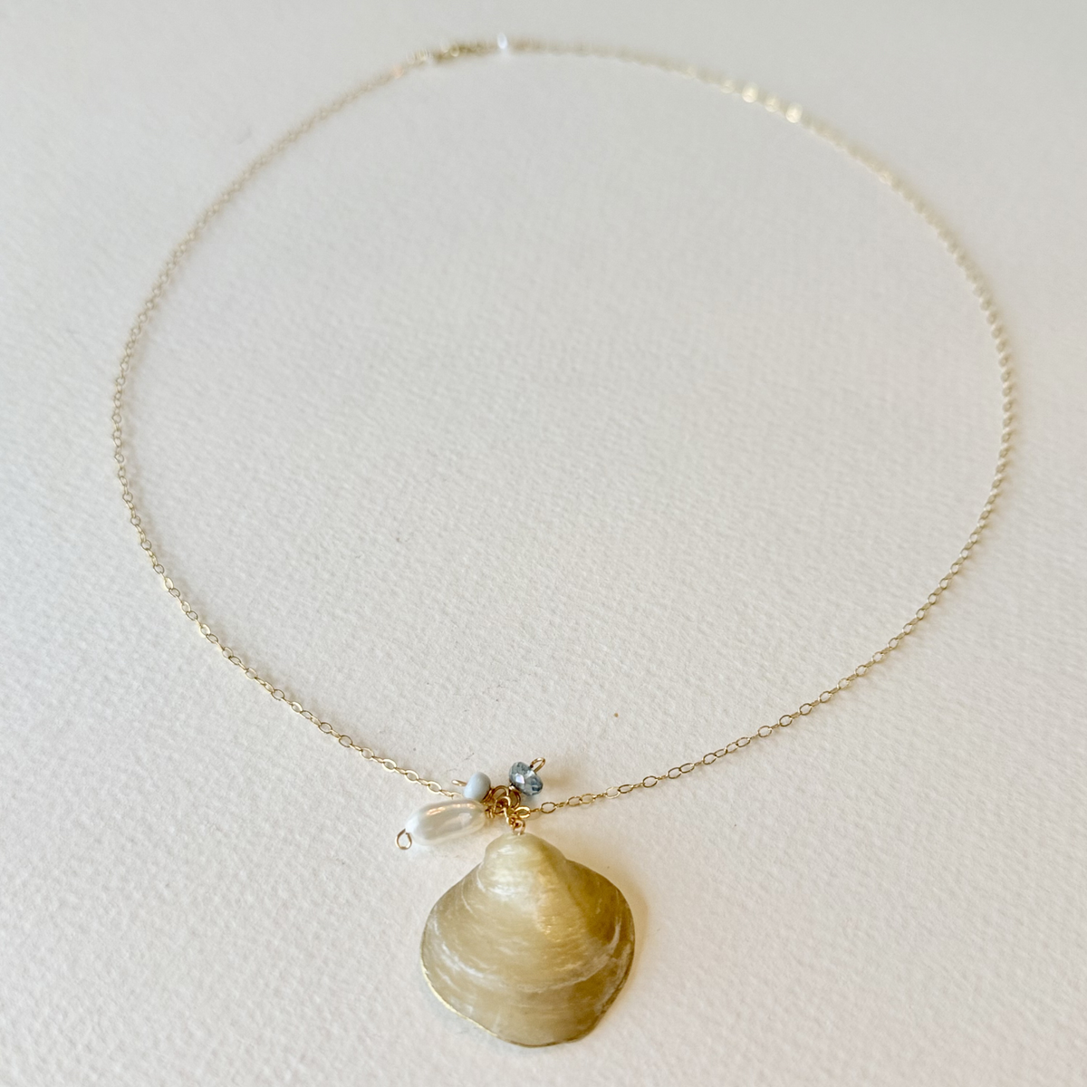 Necklace with a shell pendant on a textured white surface