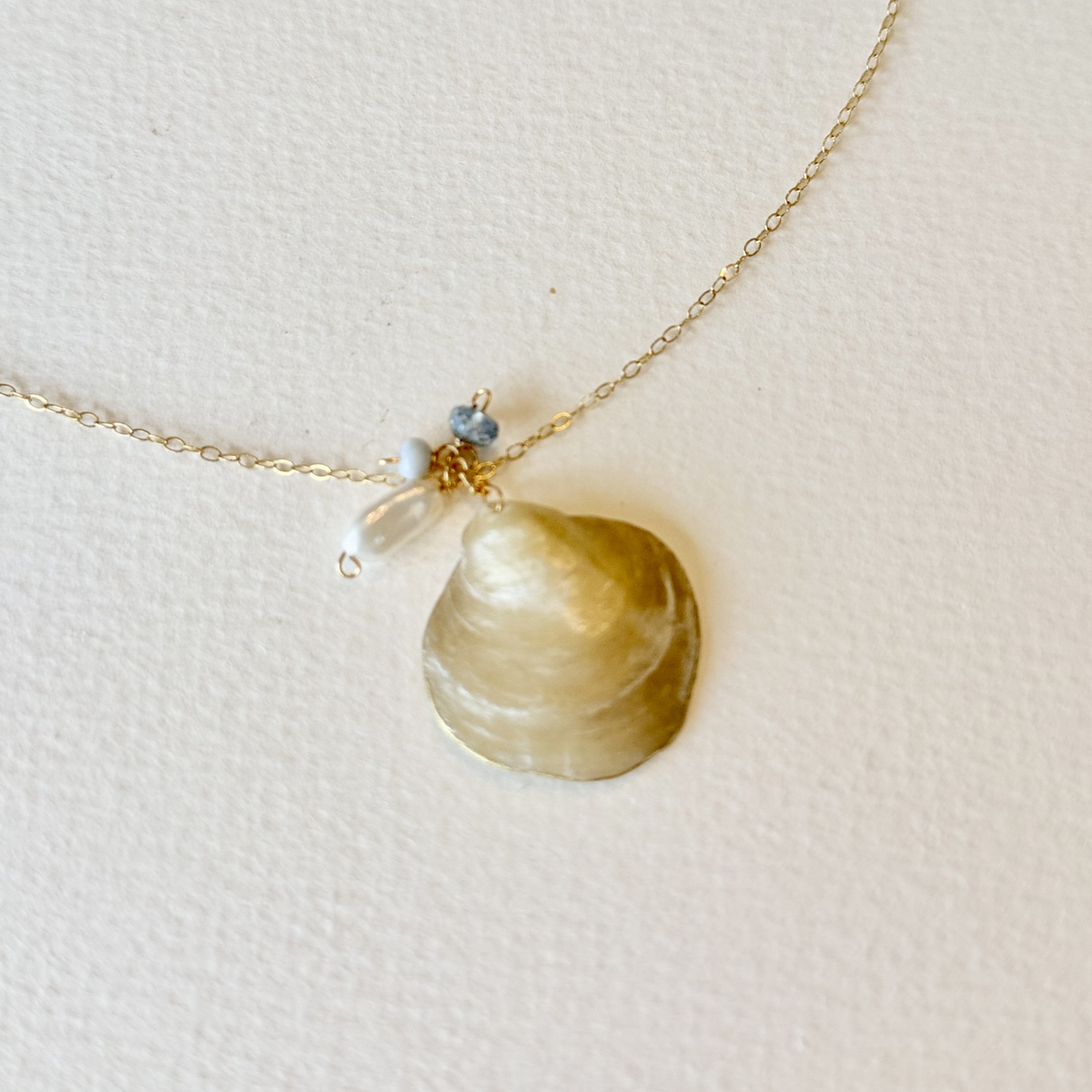 Necklace with a large shell pendant and smaller beads on a light background