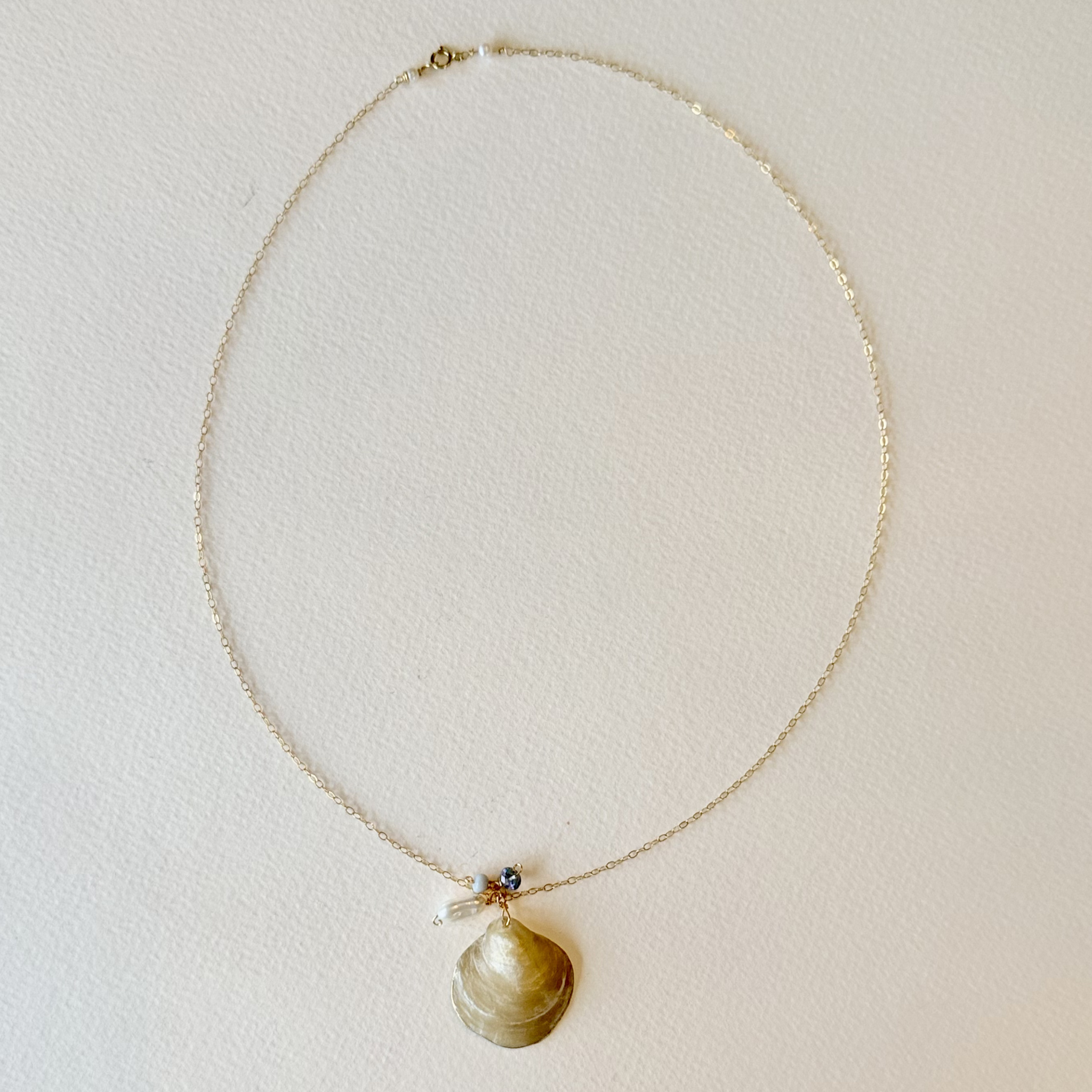 Necklace with a shell pendant on a light beige background