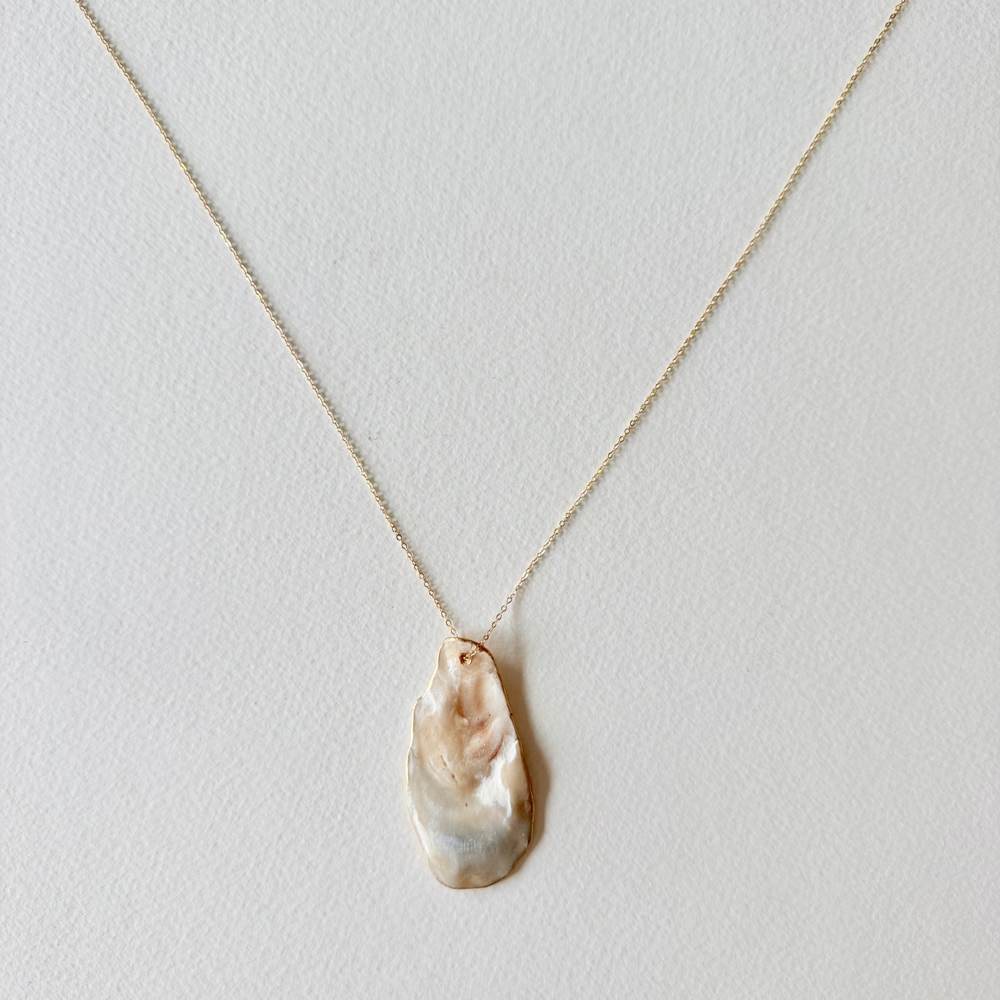 Necklace with a shell pendant on a light gray background