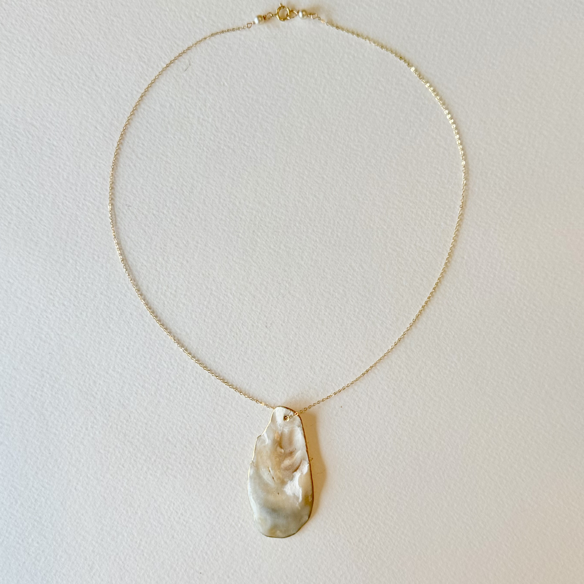 Gold necklace with a large shell pendant on a light background