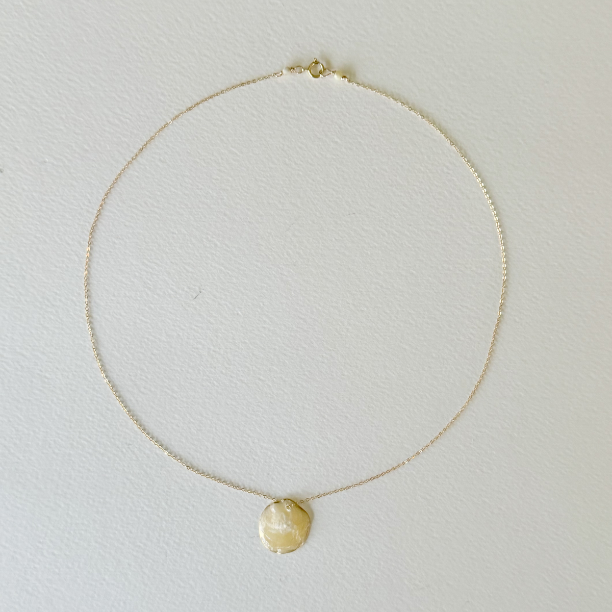 Gold necklace with a round pendant on a light gray background