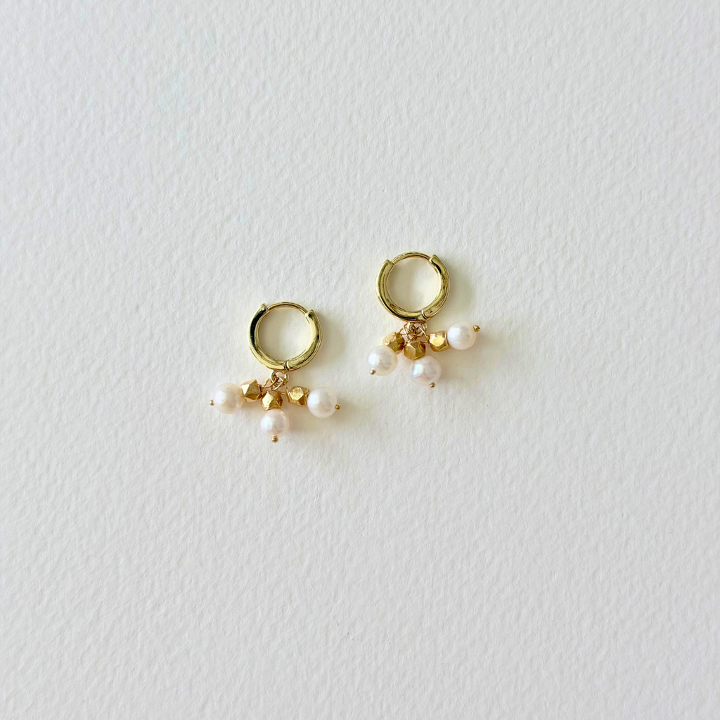 gold hoop huggie earrings with pearl charms