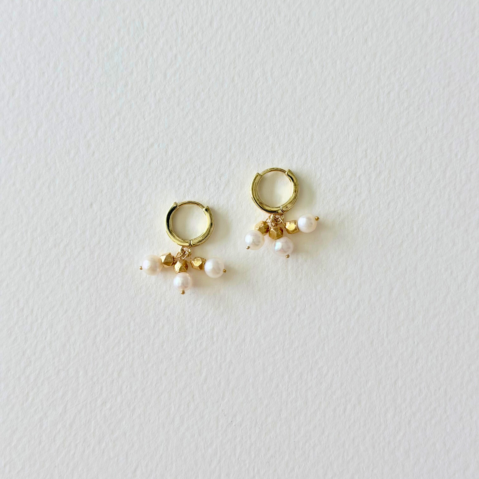 gold hoop huggie earrings with pearl charms