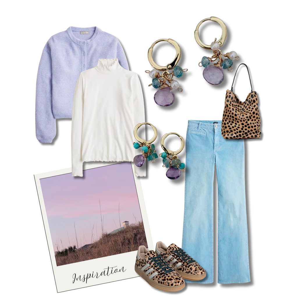 Collage of clothing and accessories with a photo of a sunset landscape.