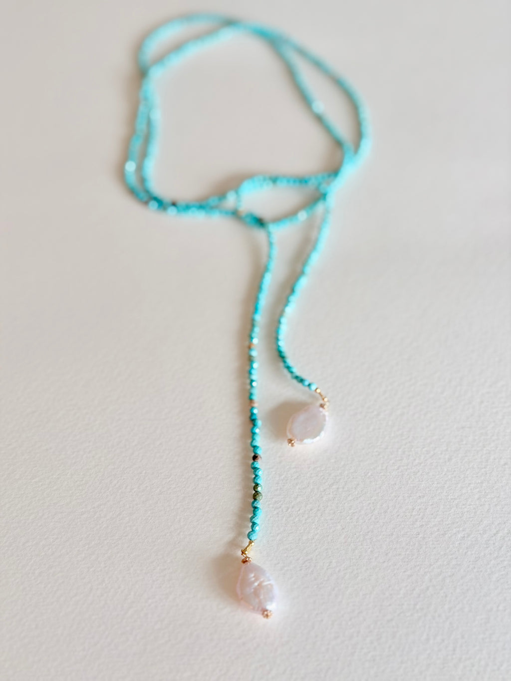 Turquoise Tide Lariat Necklace – Faceted Turquoise & Baroque Pearl