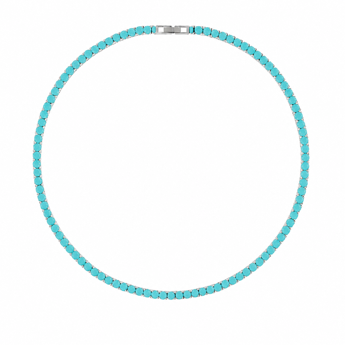 Turquoise tennis style necklace on a white background