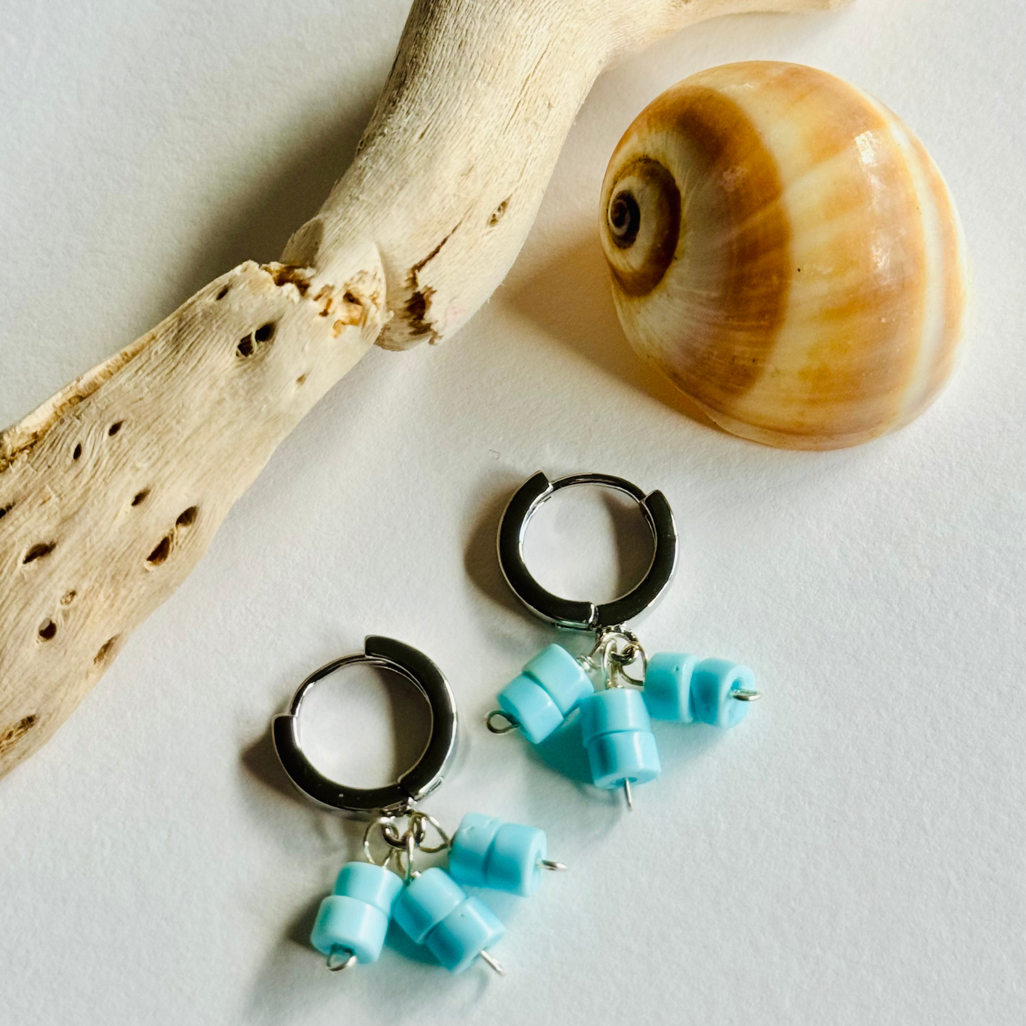Light Blue Turquoise Heishi Silver Huggie Earrings