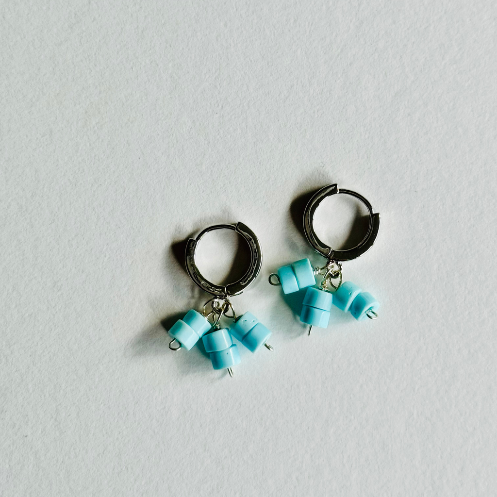 Light Blue Turquoise Heishi Silver Huggie Earrings
