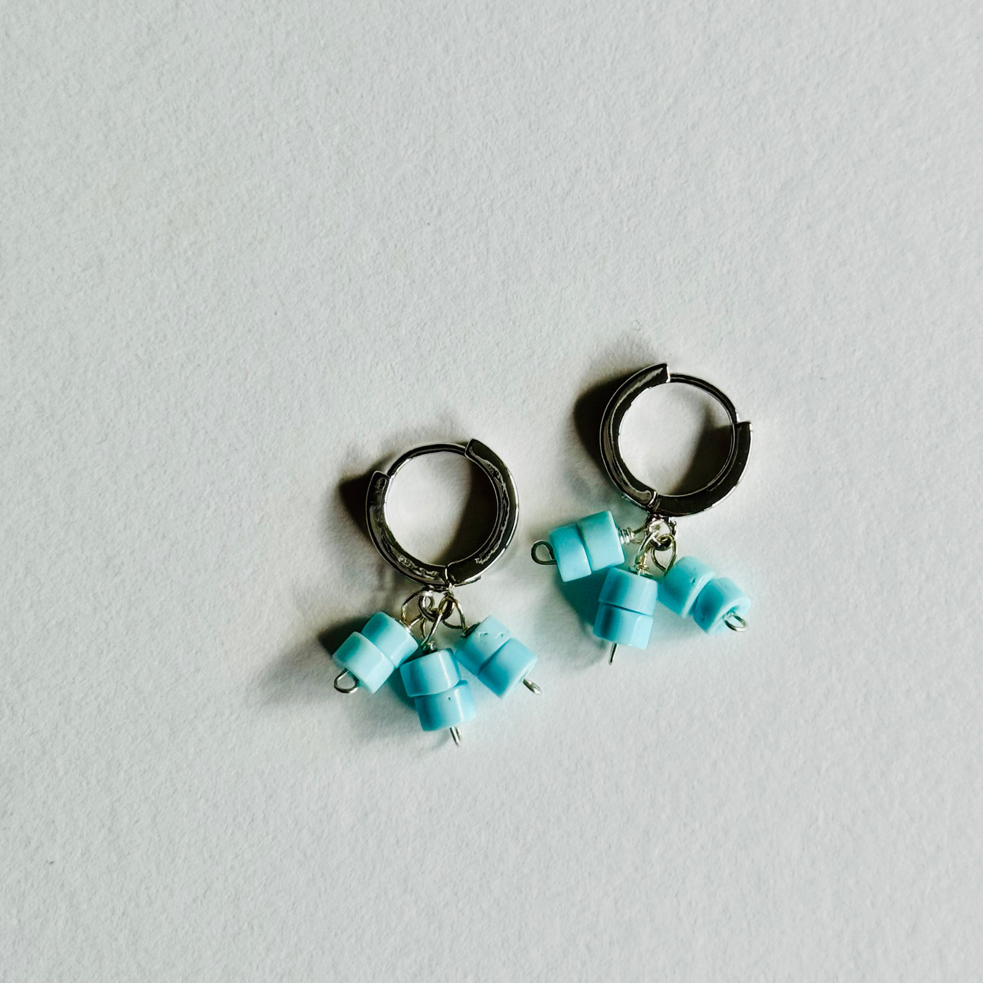 Light Blue Turquoise Heishi Silver Huggie Earrings