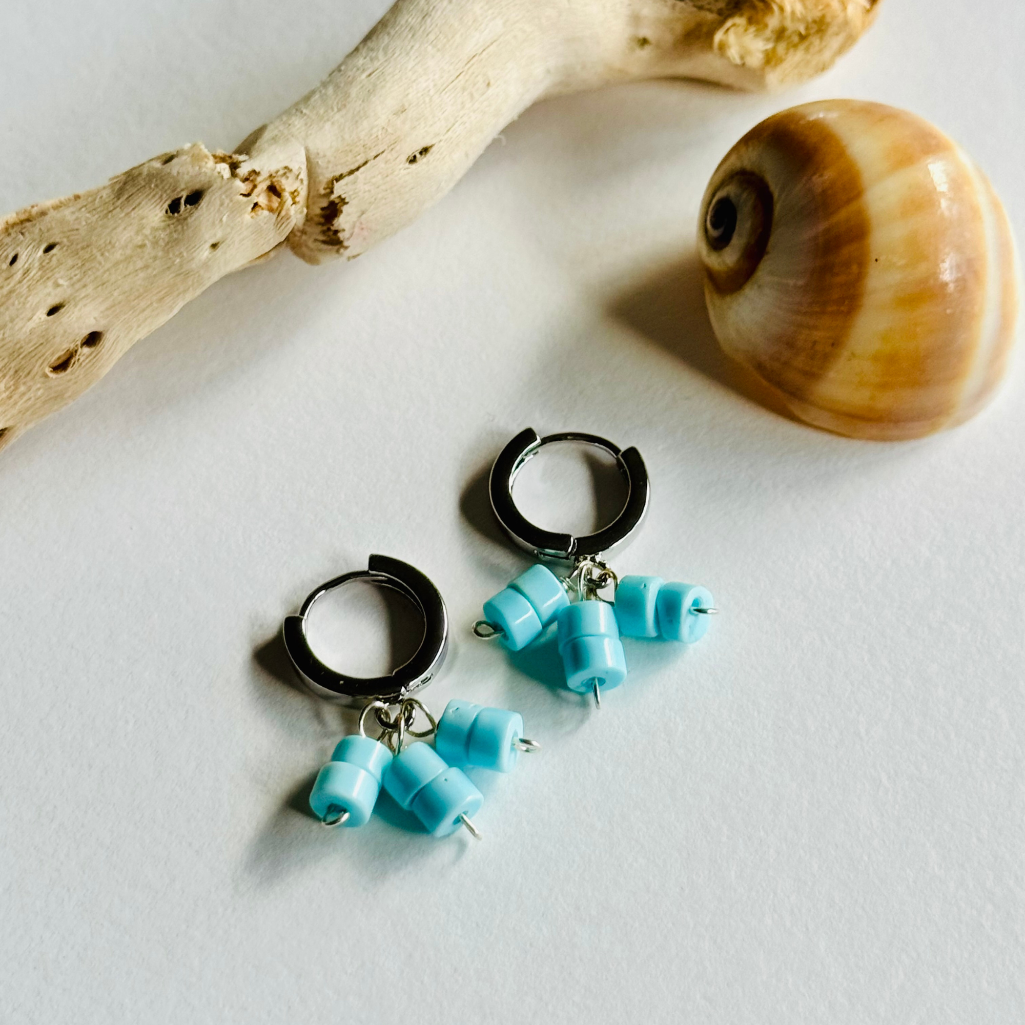 Light Blue Turquoise Heishi Silver Huggie Earrings