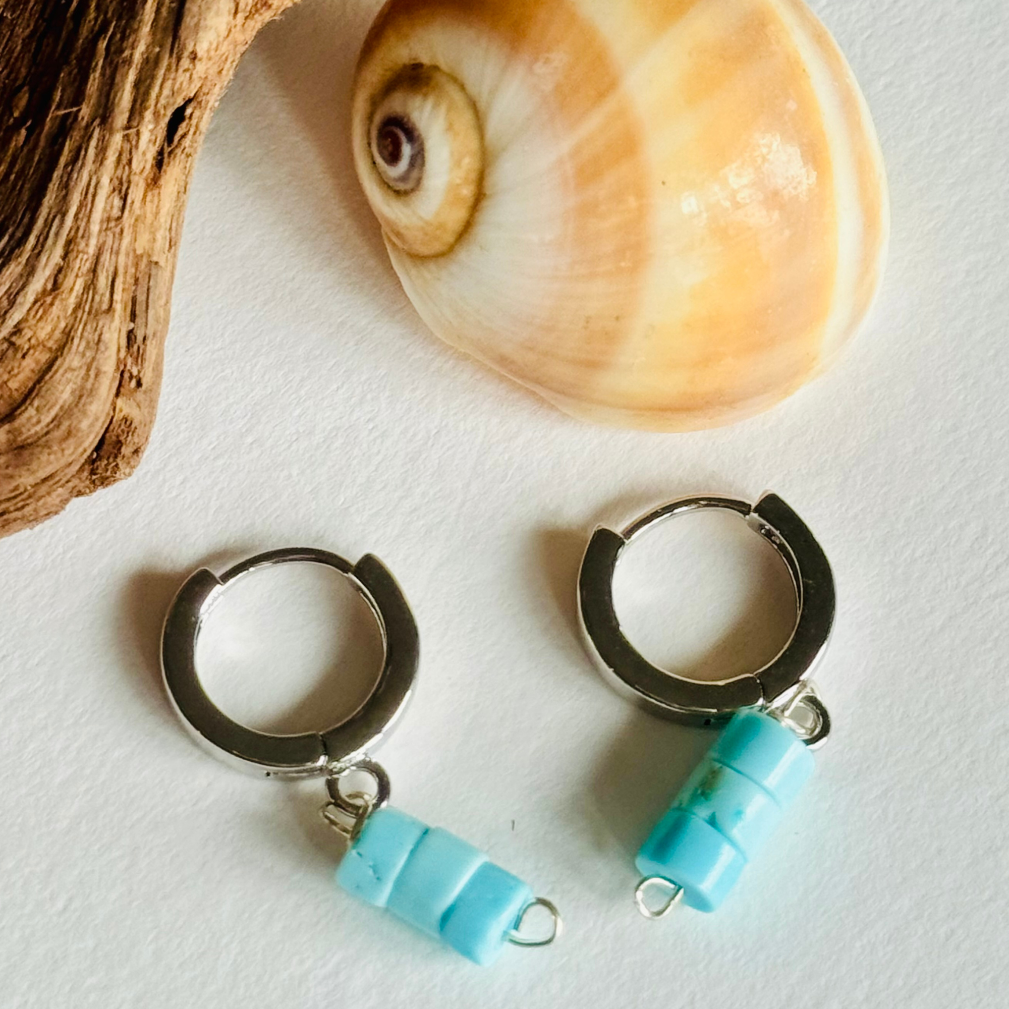 Light Blue Turquoise Silver Huggie Earrings