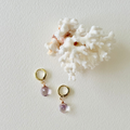 Gold earrings with pink gemstones on a white background with coral.