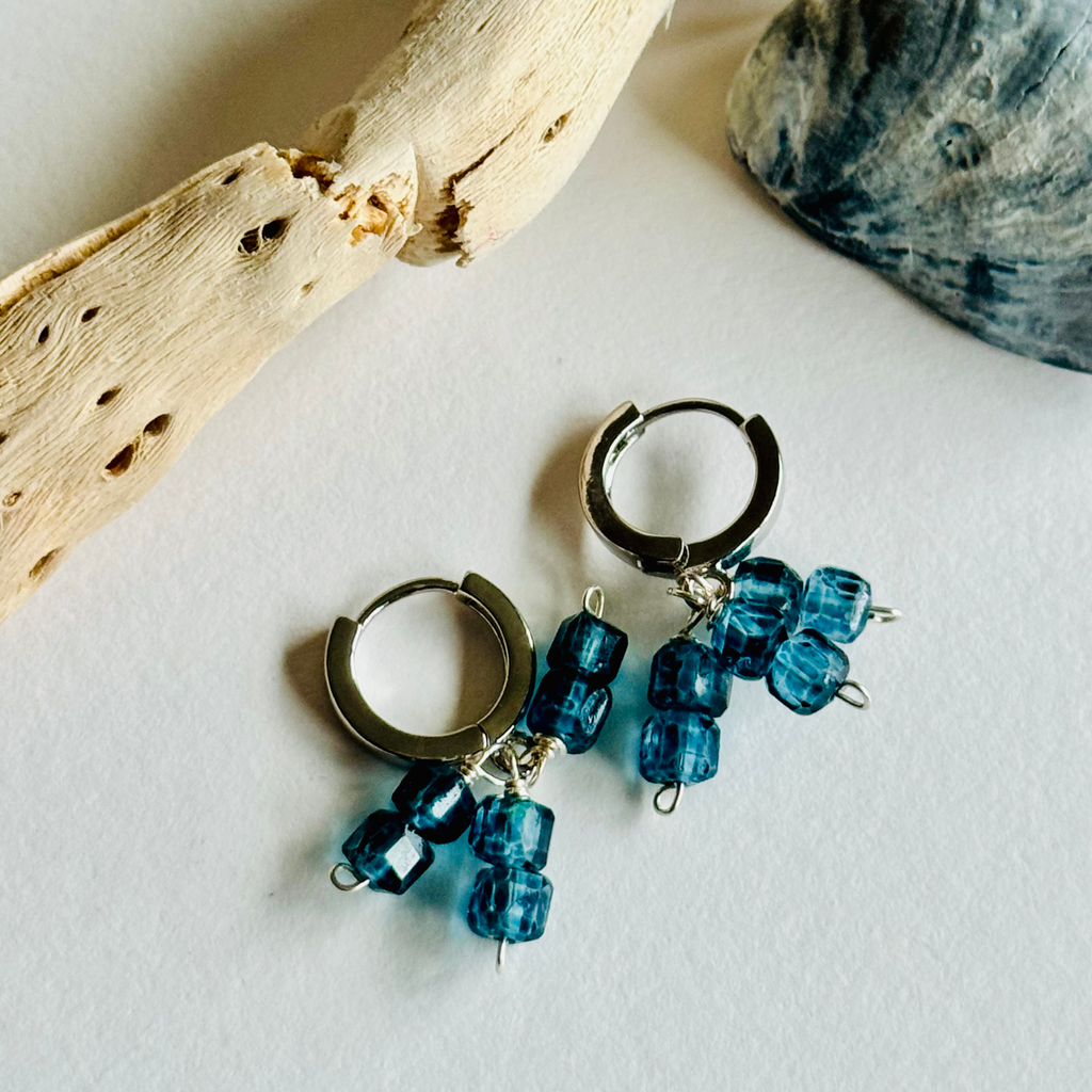 Mystic Blue Topaz Trio Silver Huggie Earrings