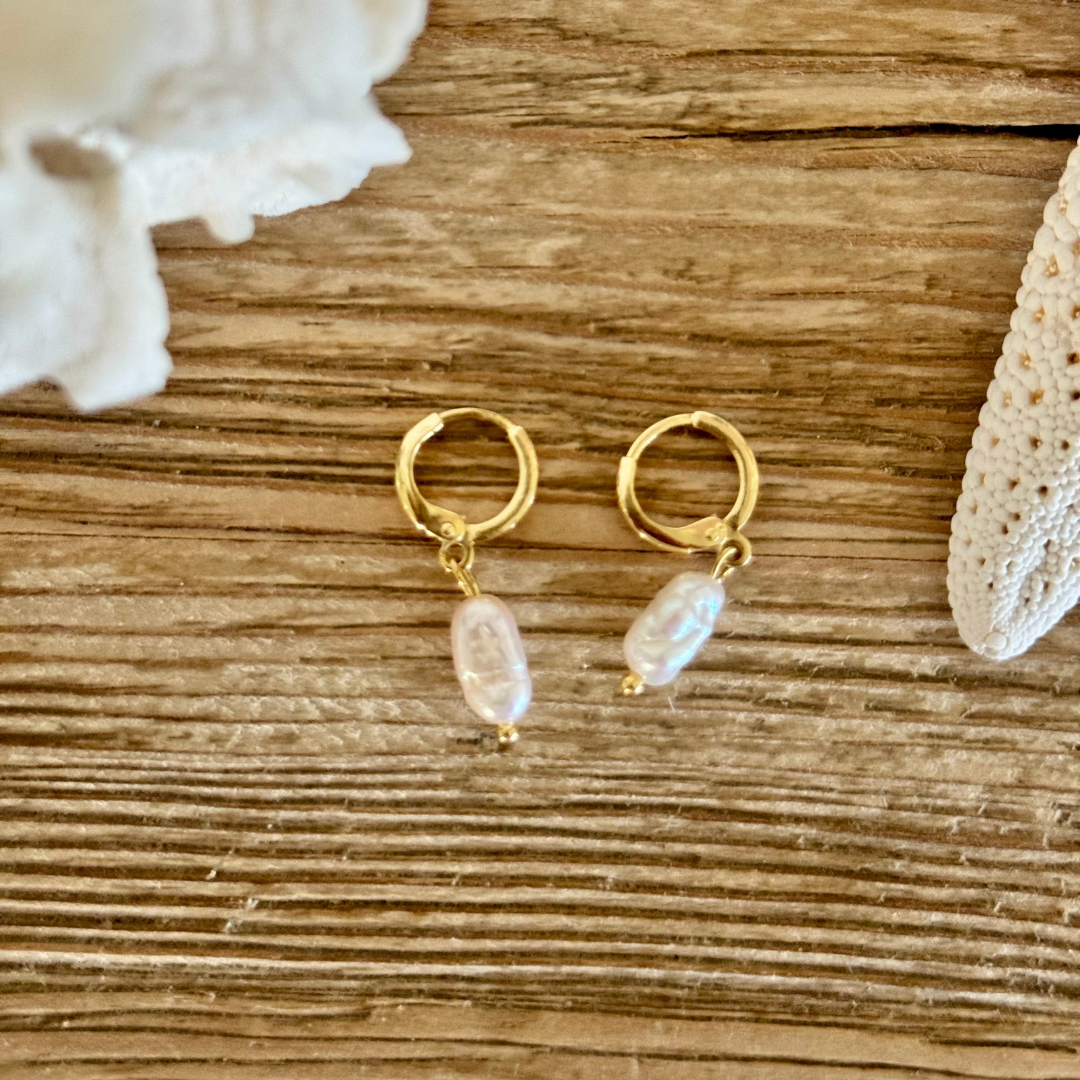 Pair of earrings with a single oblong freshwater pearl on each hoop handcrafted with 14k gold-filled wire huggie clasp. Displayed between creamy white coral and starfish on a beachy wood grain surface.