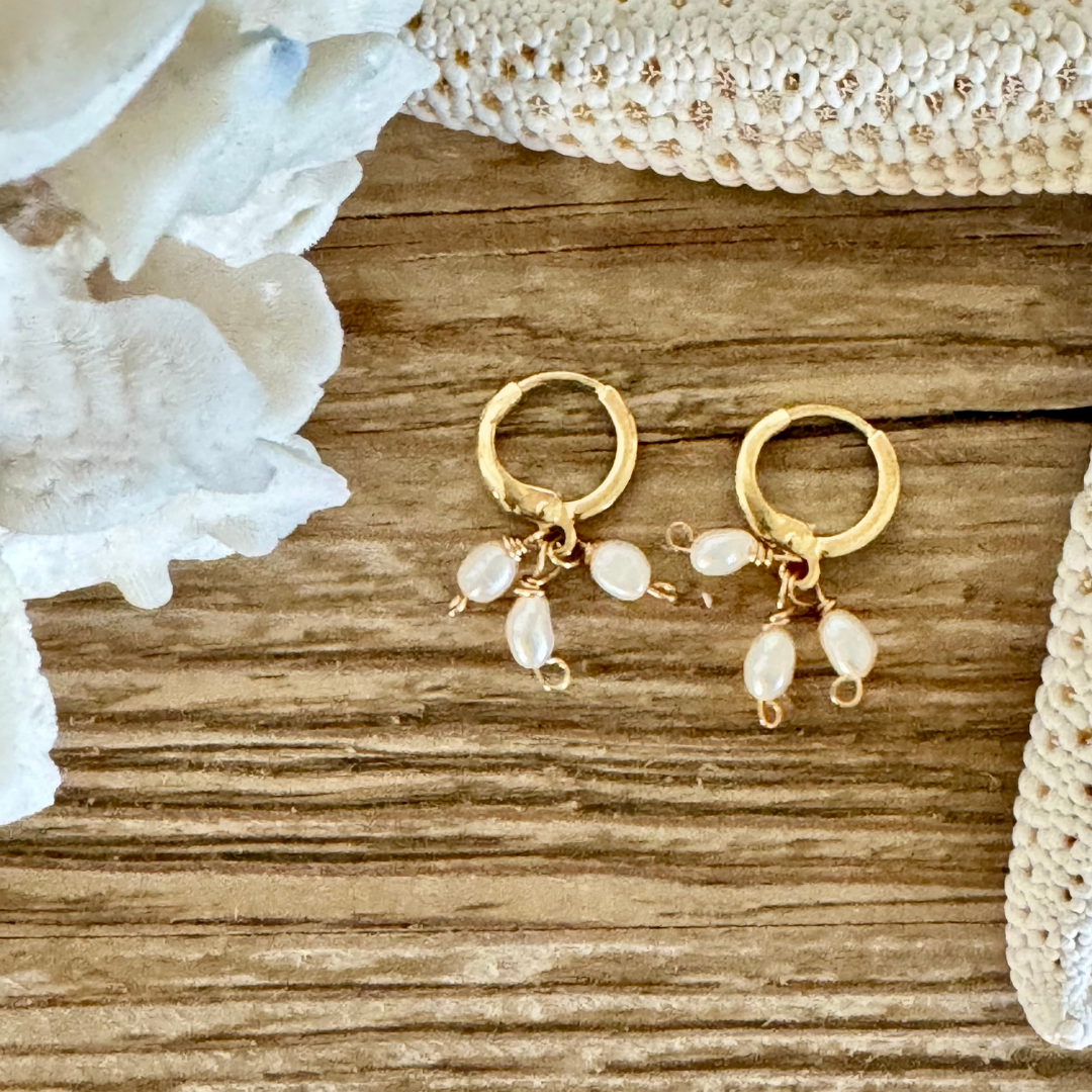 A pair of Huggie earrings with a trio of freshwater pearls on each hoop
handcrafted with 14k gold filled wire huggie close clasps. Displayed on beachy wood surface between creamy white coral and starfish.