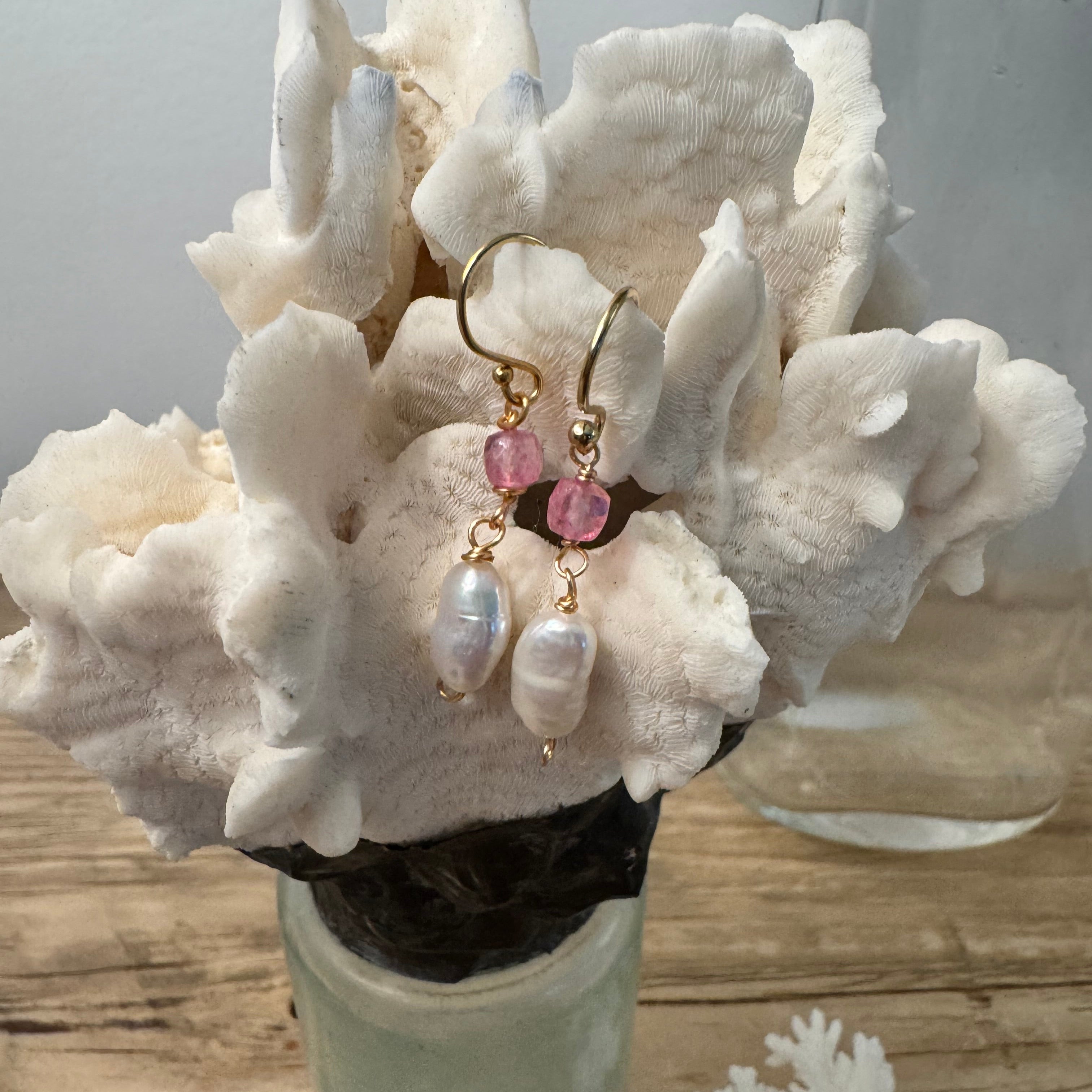 Pink Topaz & Pearl Earrings