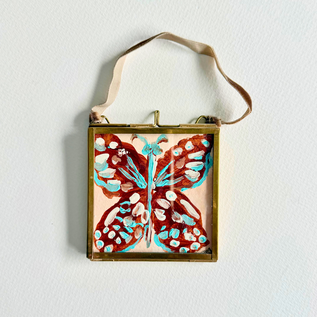 Wings by the Water No. 1 mini original butterfly painting in a brass frame with turquoise, rust, cream and blush accents.