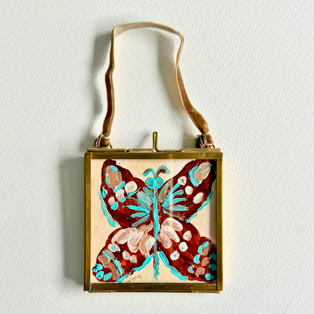 Wings by the Water No. 2 mini original butterfly painting in a brass frame with turquoise, rust, blush and cream details.