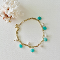 Gold bracelet with amazonite beads and pearls on a white background