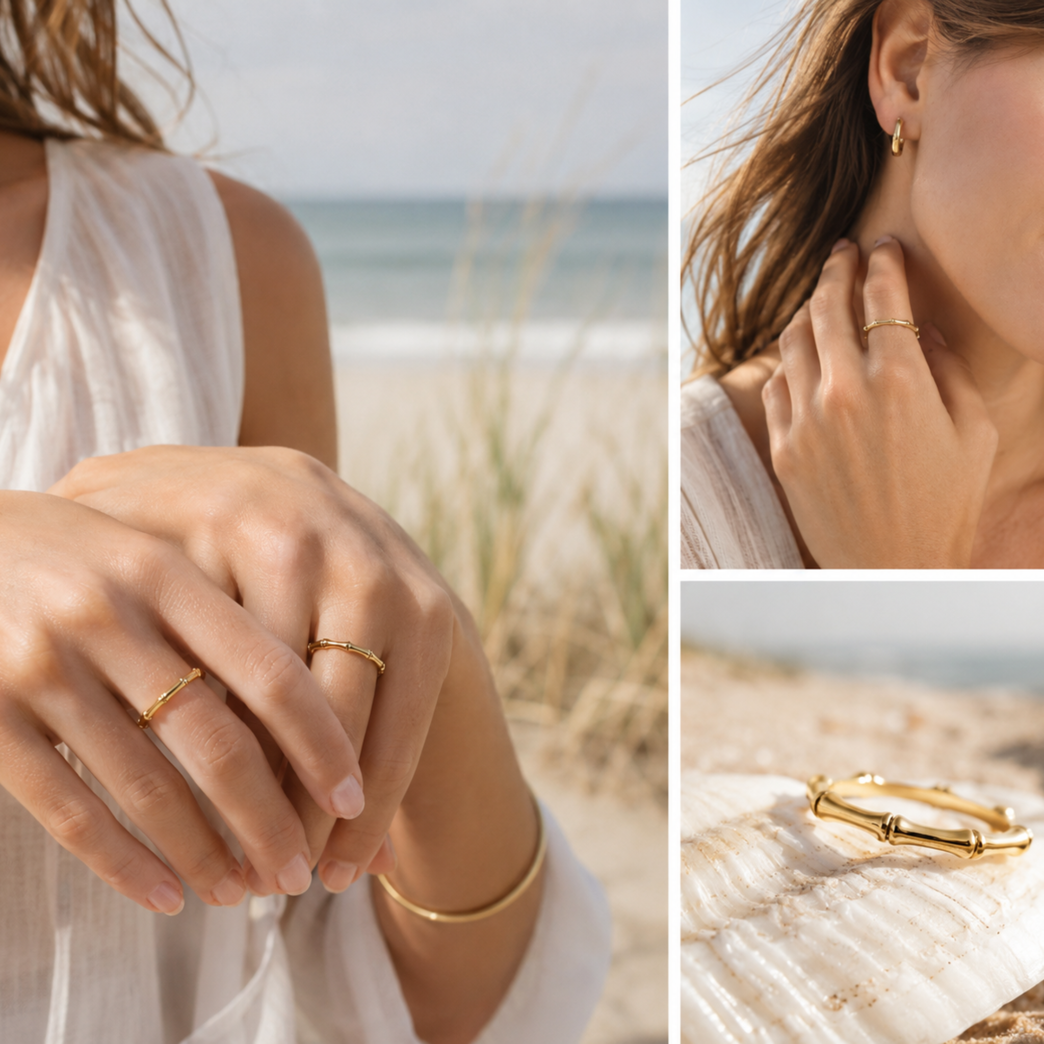 Collage of gold jewelry on a beach setting