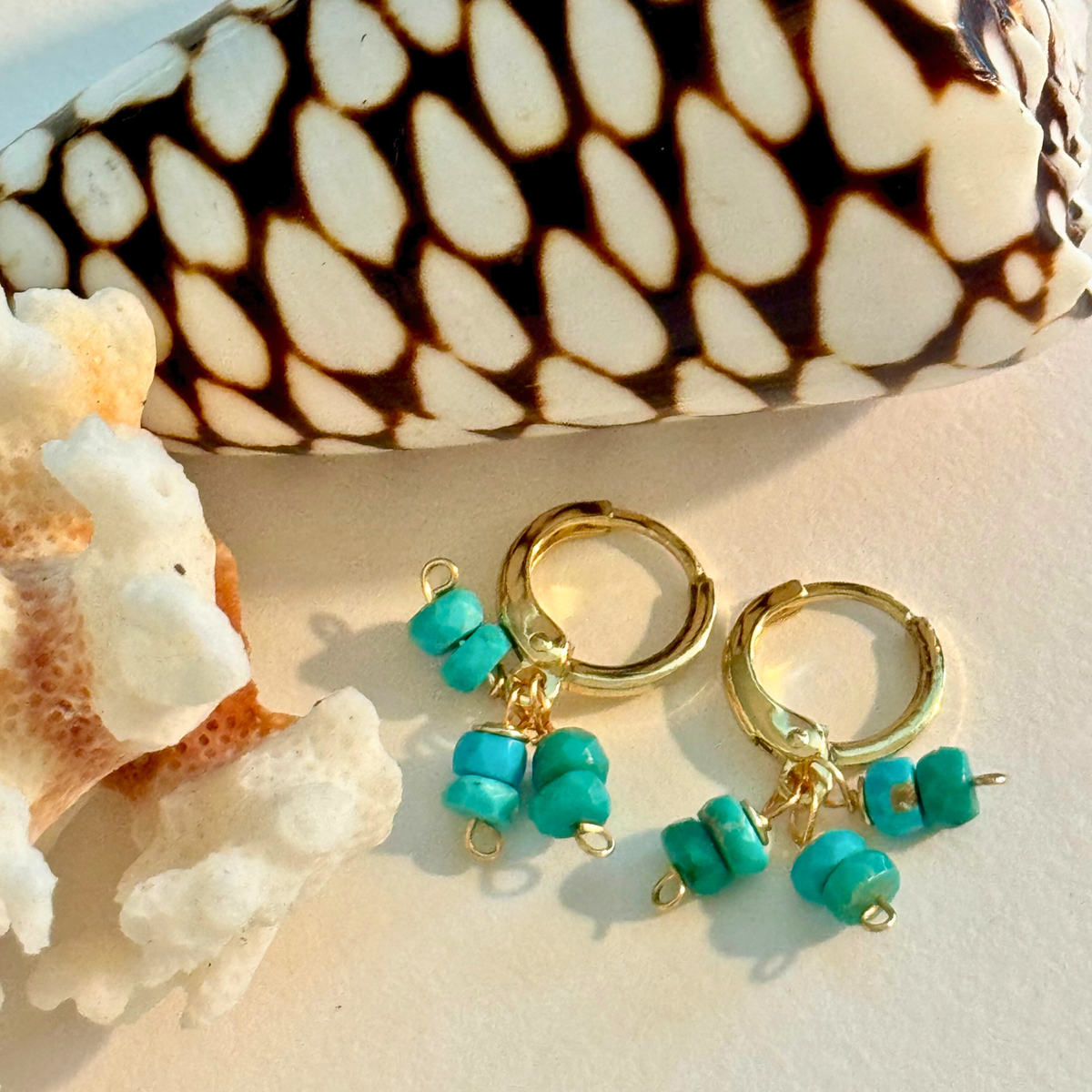 Up close view of a pair of earrings with a trio of genuine sleeping beauty turquoise on each hoop handcrafted with 14k gold-filled wire huggie clasp. Displayed between creamy white coral and brown and white spotted shell.