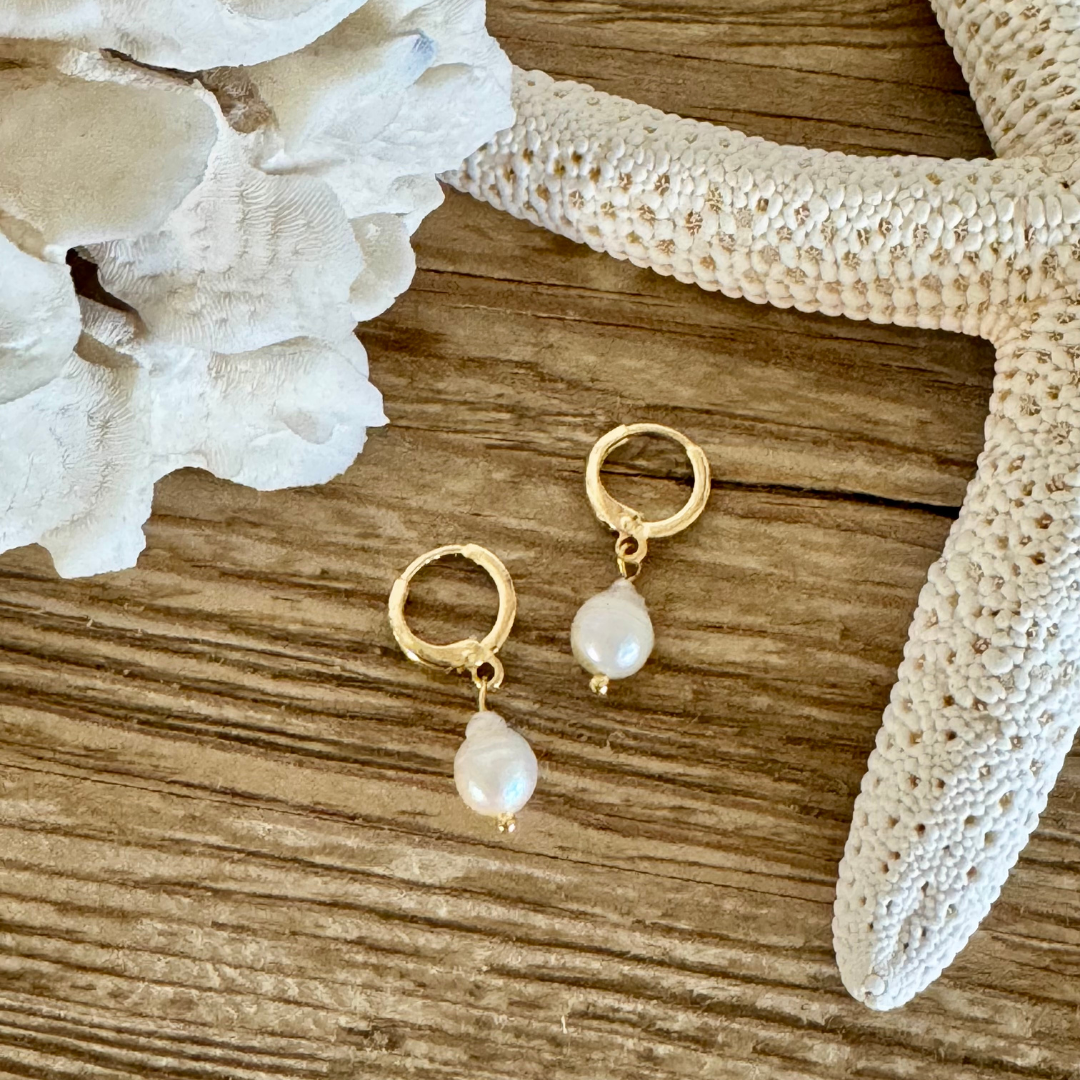 Pair of earrings with a single teardrop pearl on each hoop handcrafted with 14k gold-filled wire huggie clasp. Displayed between creamy white coral and starfish on a beachy wood grain surface.