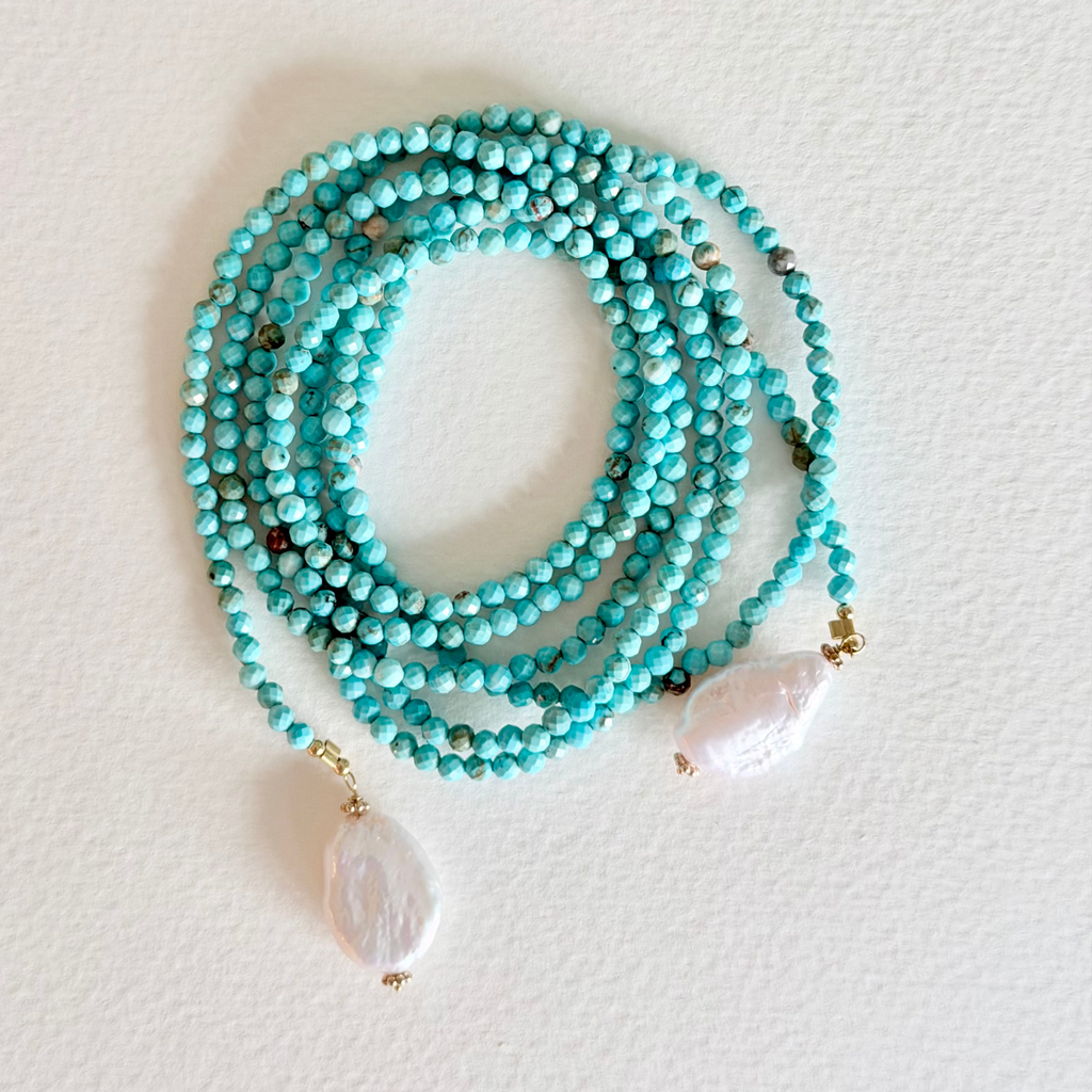Turquoise Tide Lariat Necklace – Faceted Turquoise & Baroque Pearl