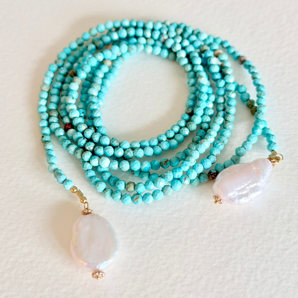 Turquoise Tide Lariat Necklace – Faceted Turquoise & Baroque Pearl