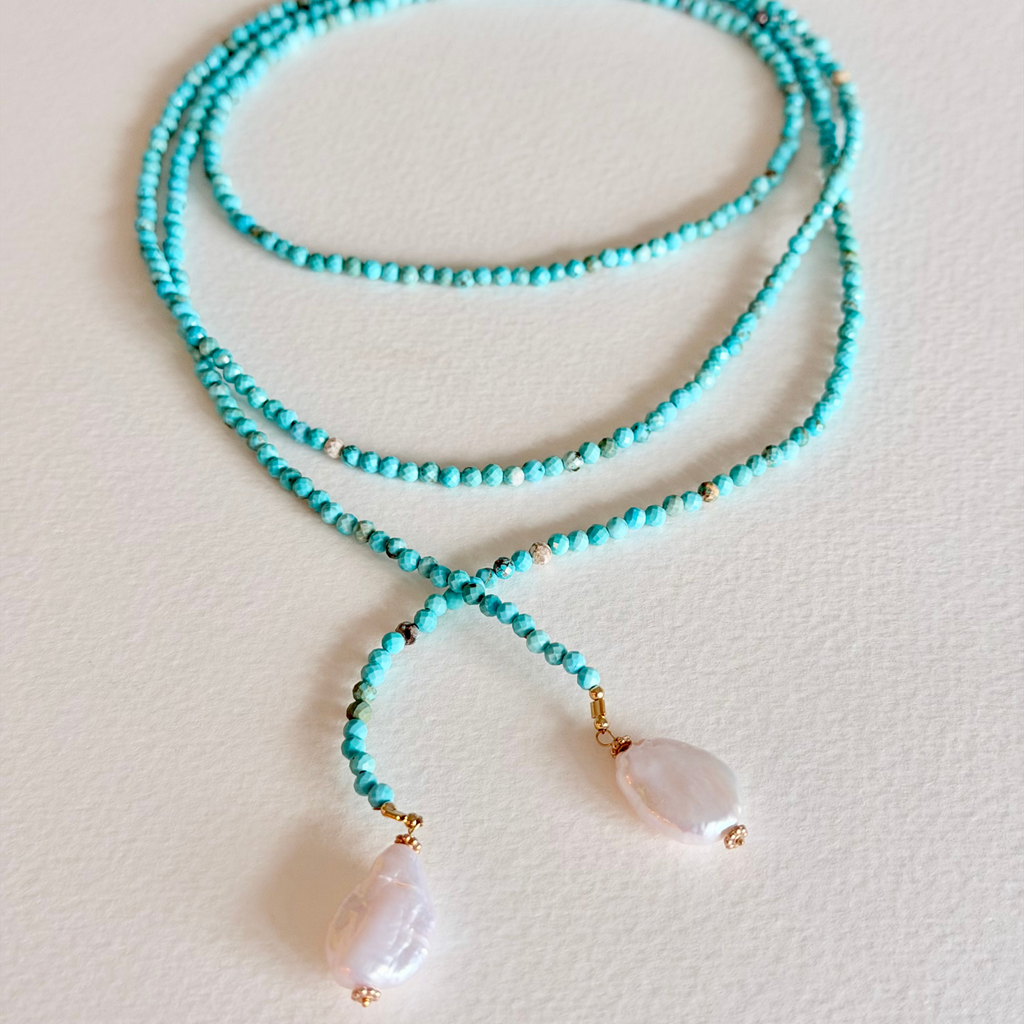 Turquoise Tide Lariat Necklace – Faceted Turquoise & Baroque Pearl