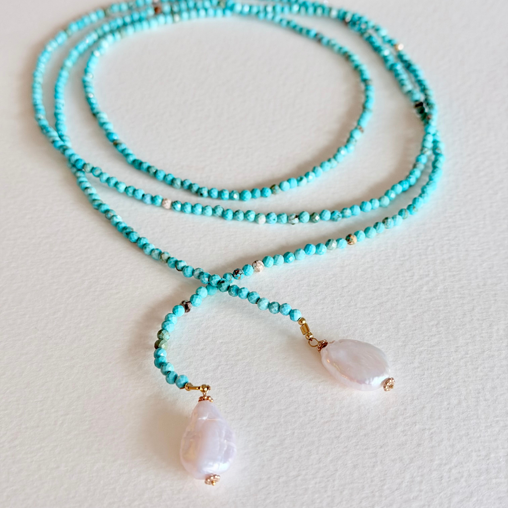 Turquoise Tide Lariat Necklace – Faceted Turquoise & Baroque Pearl