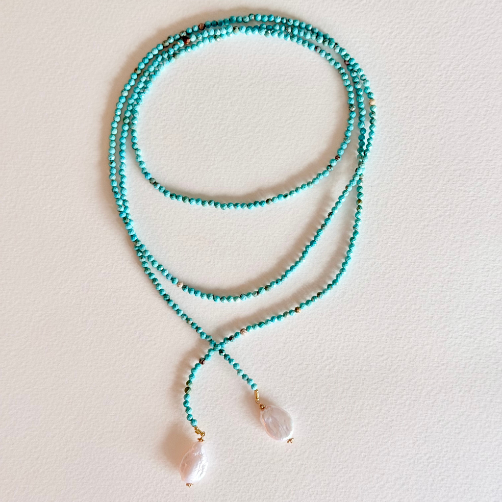 Turquoise Tide Lariat Necklace – Faceted Turquoise & Baroque Pearl