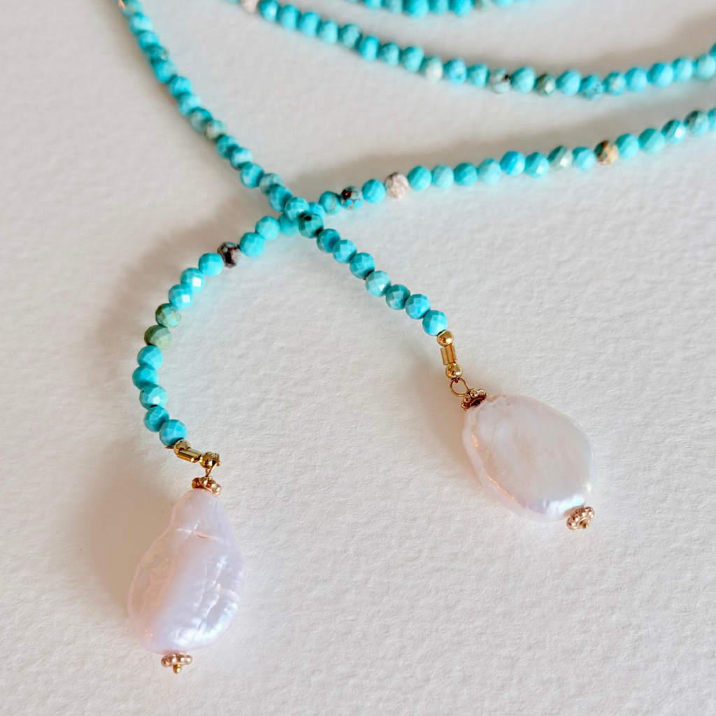 Turquoise Tide Lariat Necklace – Faceted Turquoise & Baroque Pearl